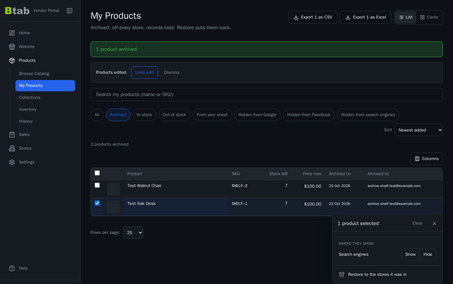 An archived product ticked, with Restore to the stores it was in in the selection panel