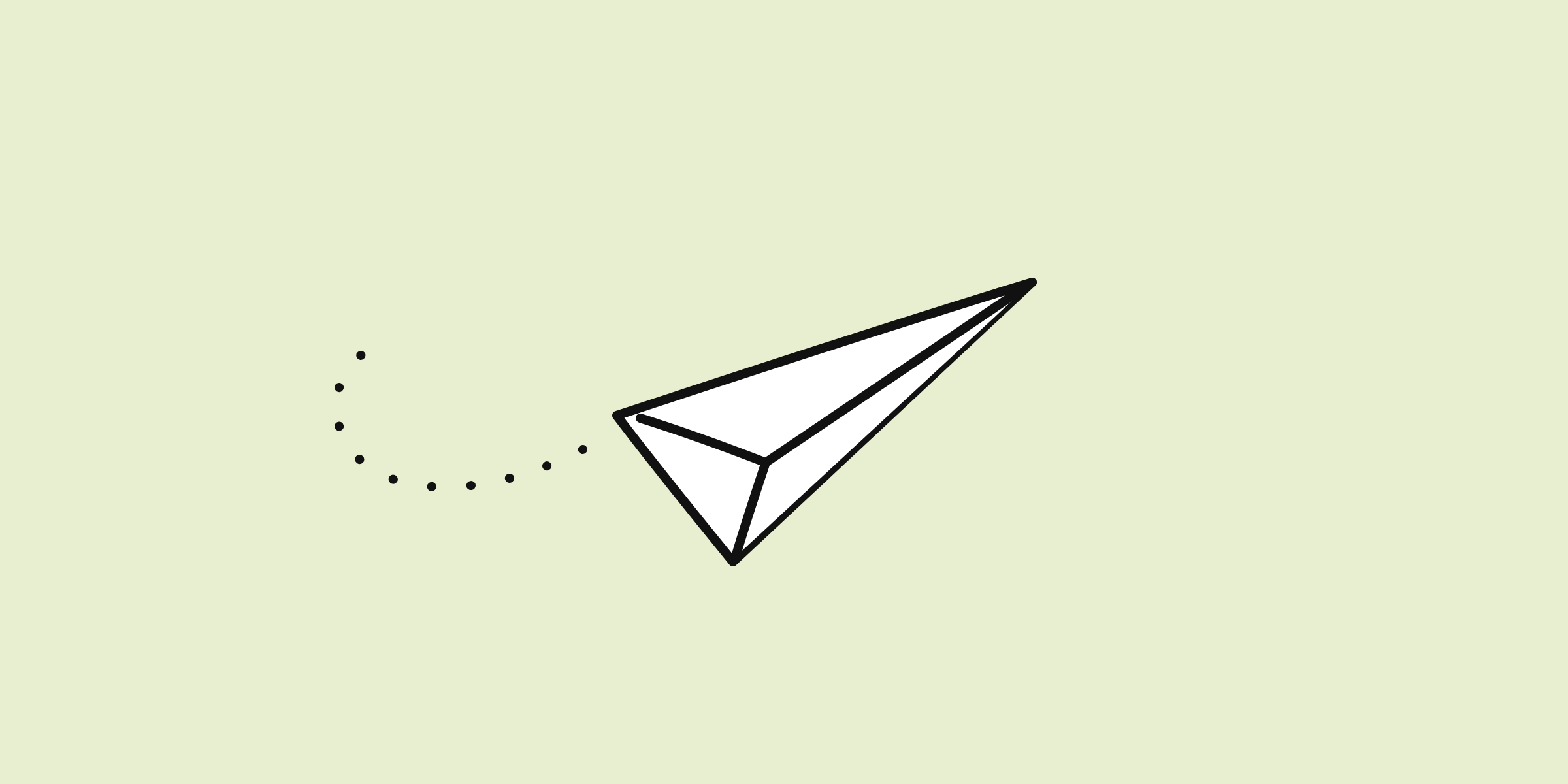 Hand-drawn line doodle of a paper plane with a looping dotted trail, on a pale lime background