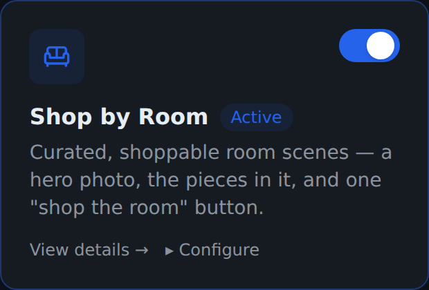 The Apps page in the Btab vendor dashboard with the Shop by Room app switched on.