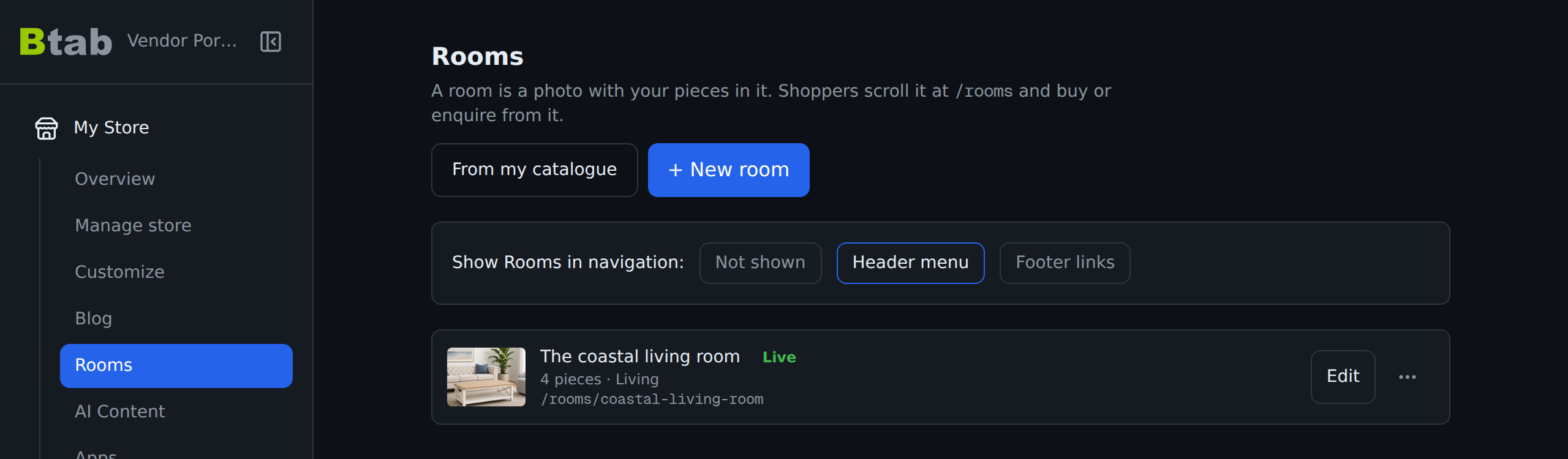 The Rooms page in the vendor dashboard, with buttons for a new room and for drafting rooms from the catalogue.