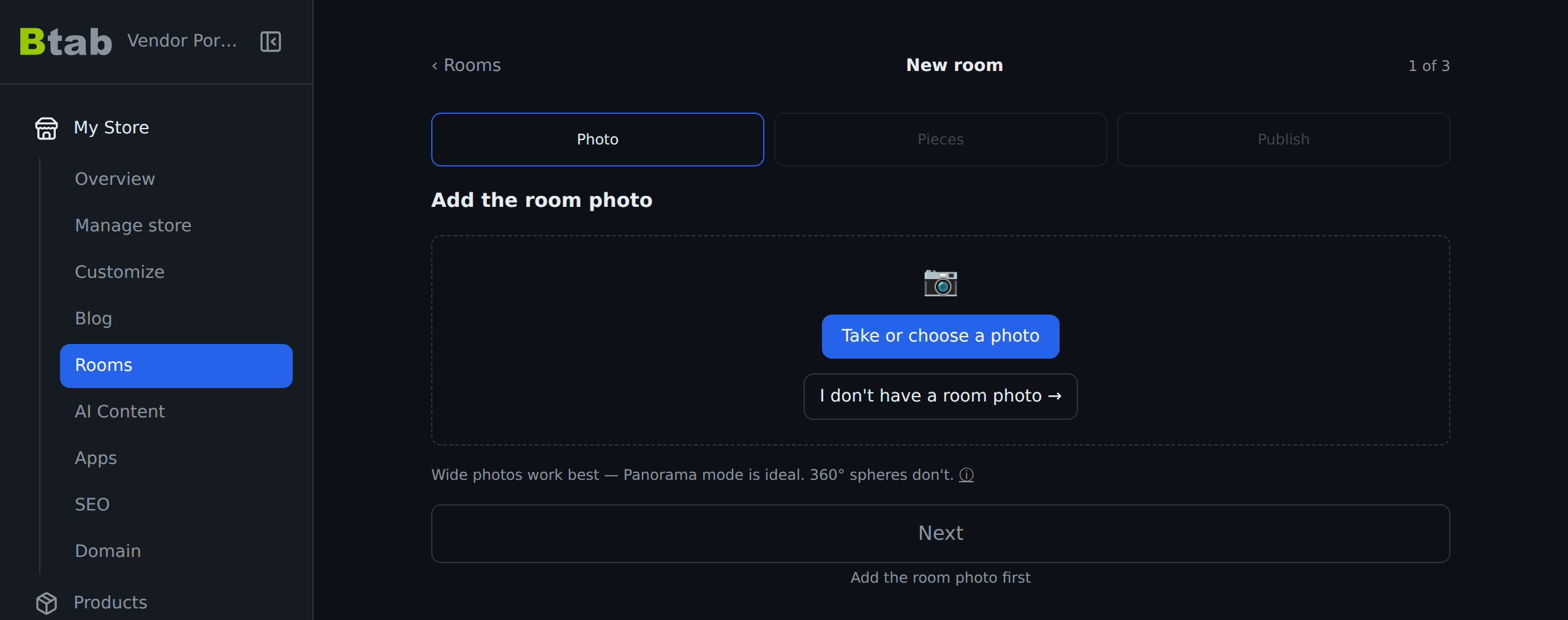 Step one of the room builder, asking for a room photo.