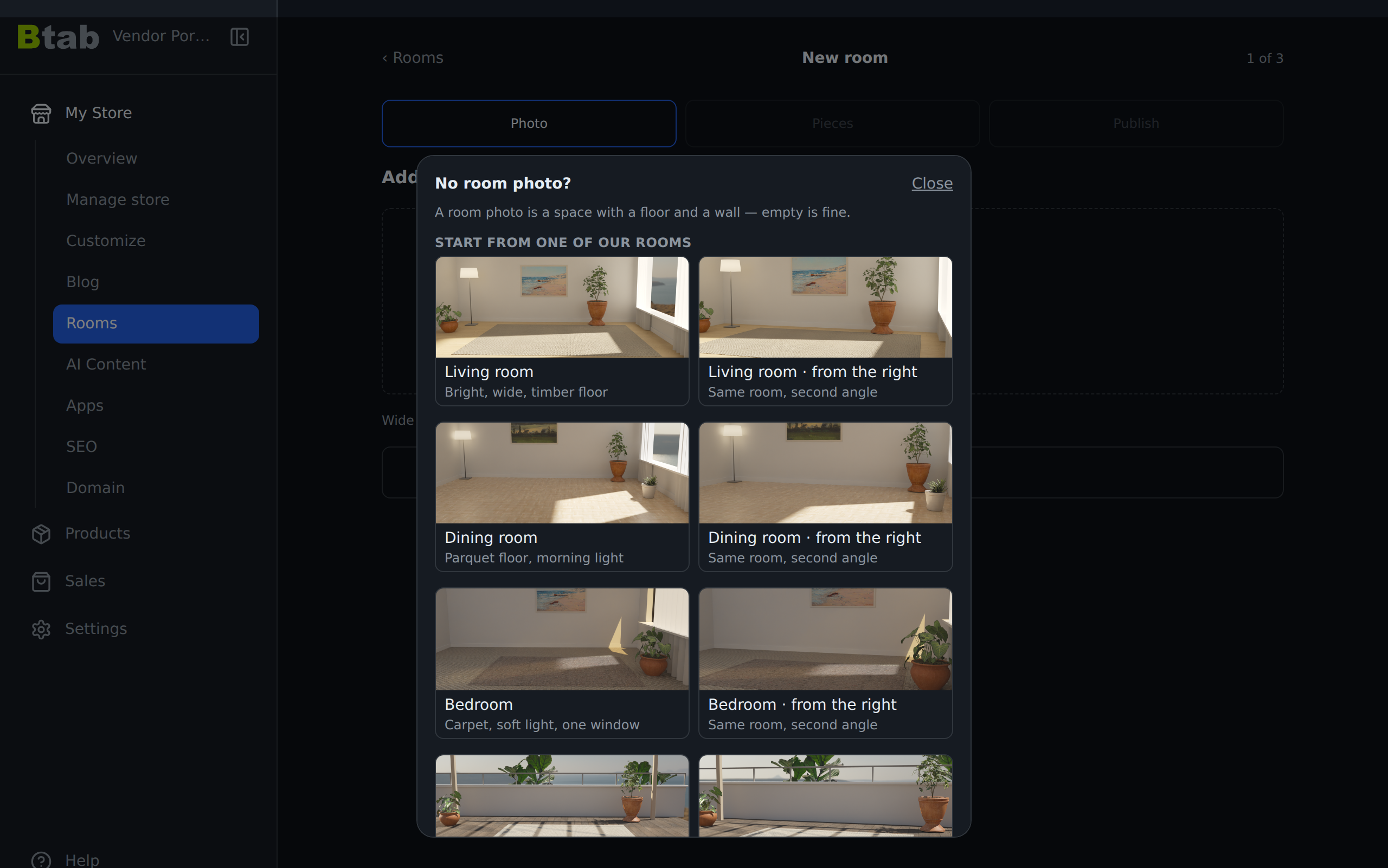 The room photo picker showing the empty starter rooms you can start from.