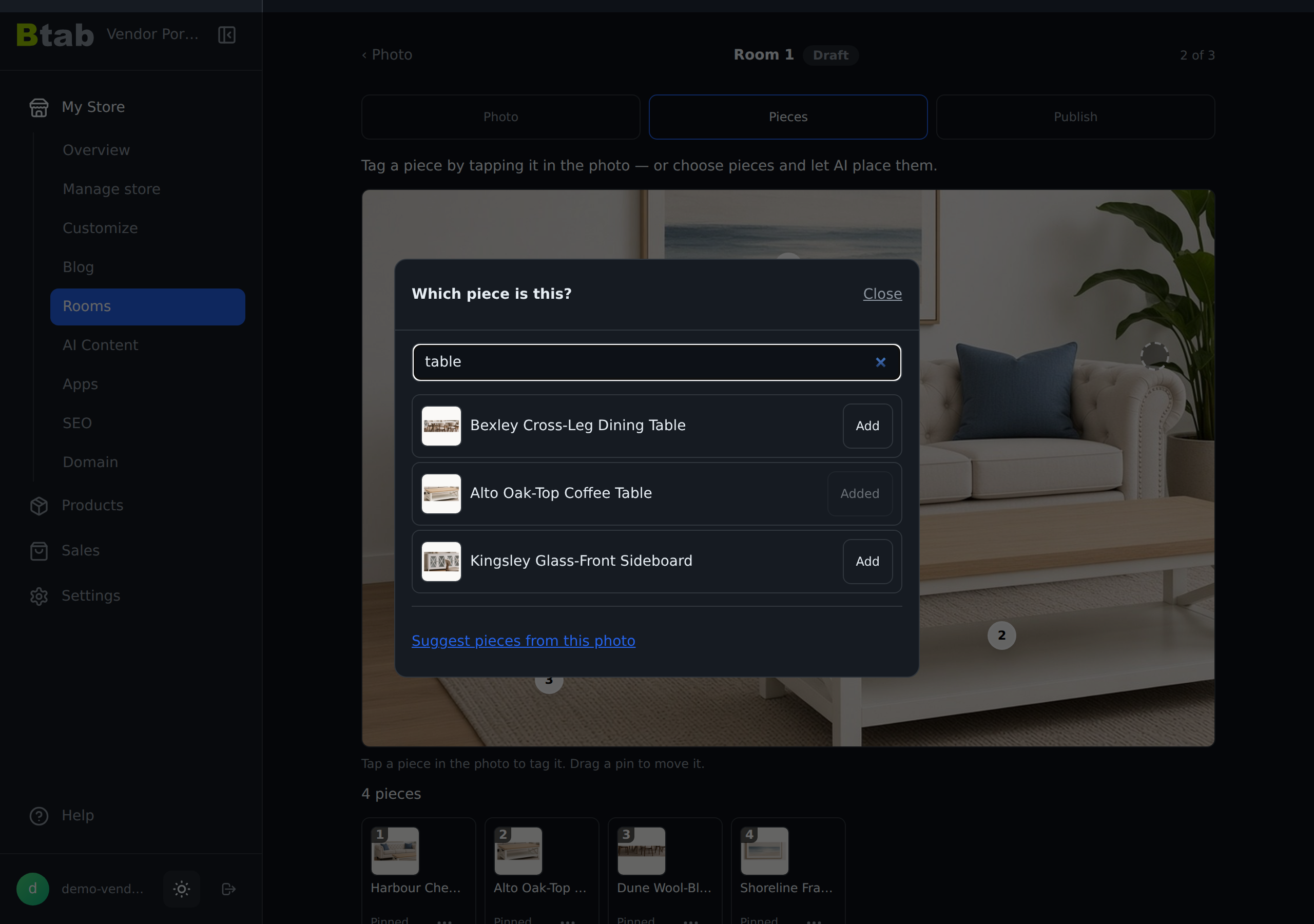 Adding a piece to a room: a search panel listing products with Add buttons.