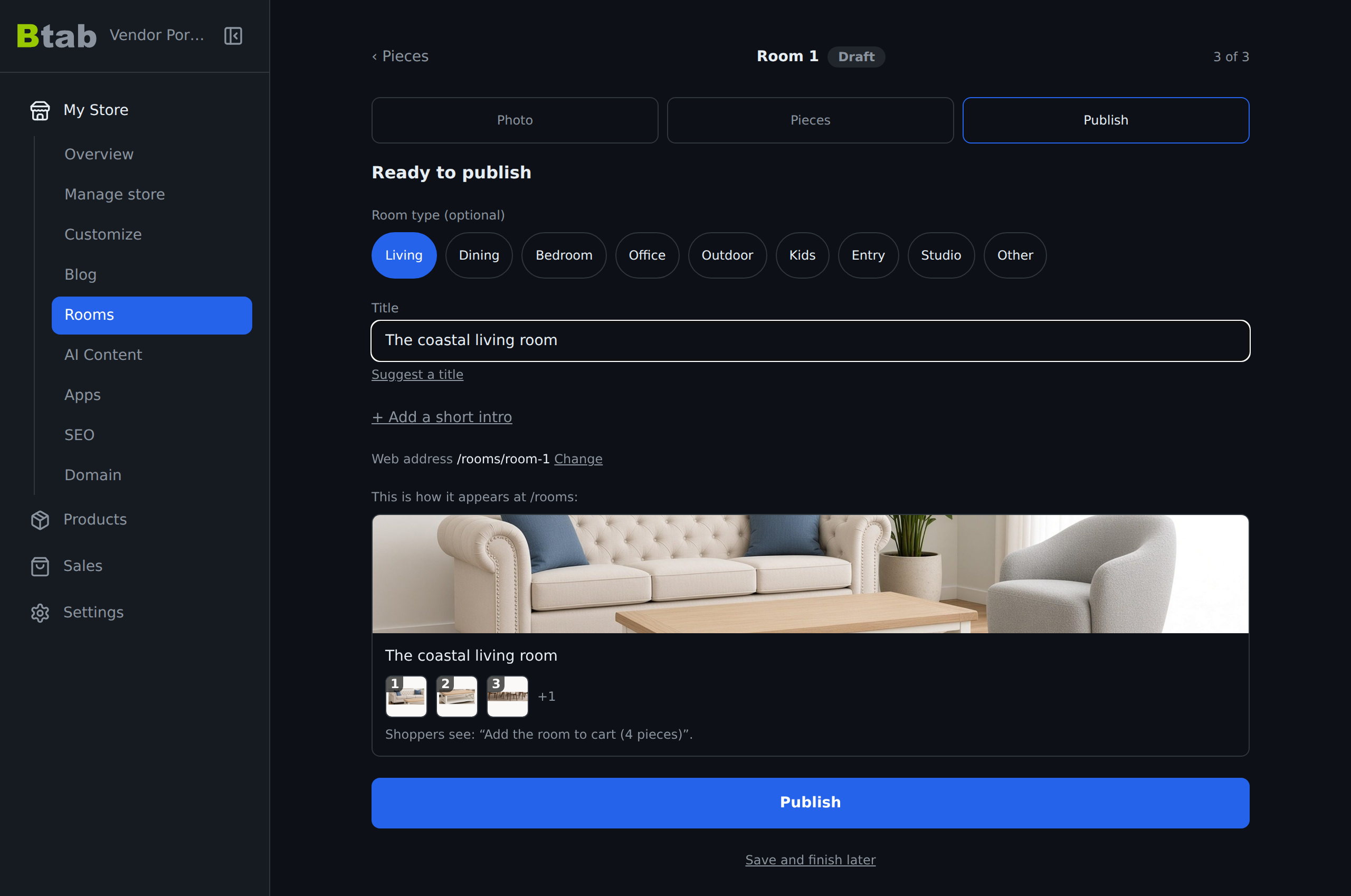 The publish step, with room type, title and a preview of how the room appears on the storefront.