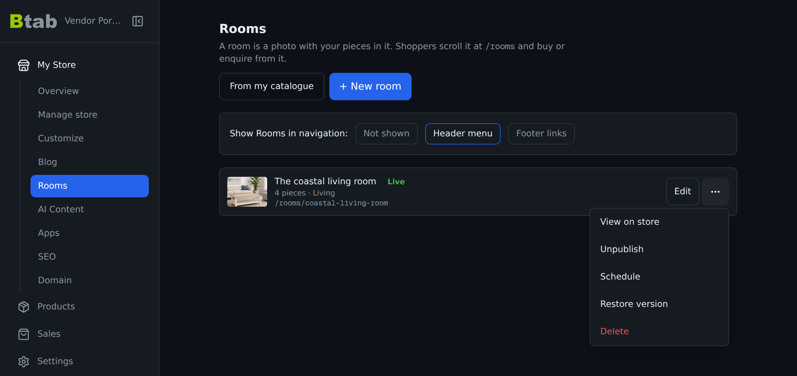 The menu for a published room, with options to view it, schedule it or restore an earlier version.