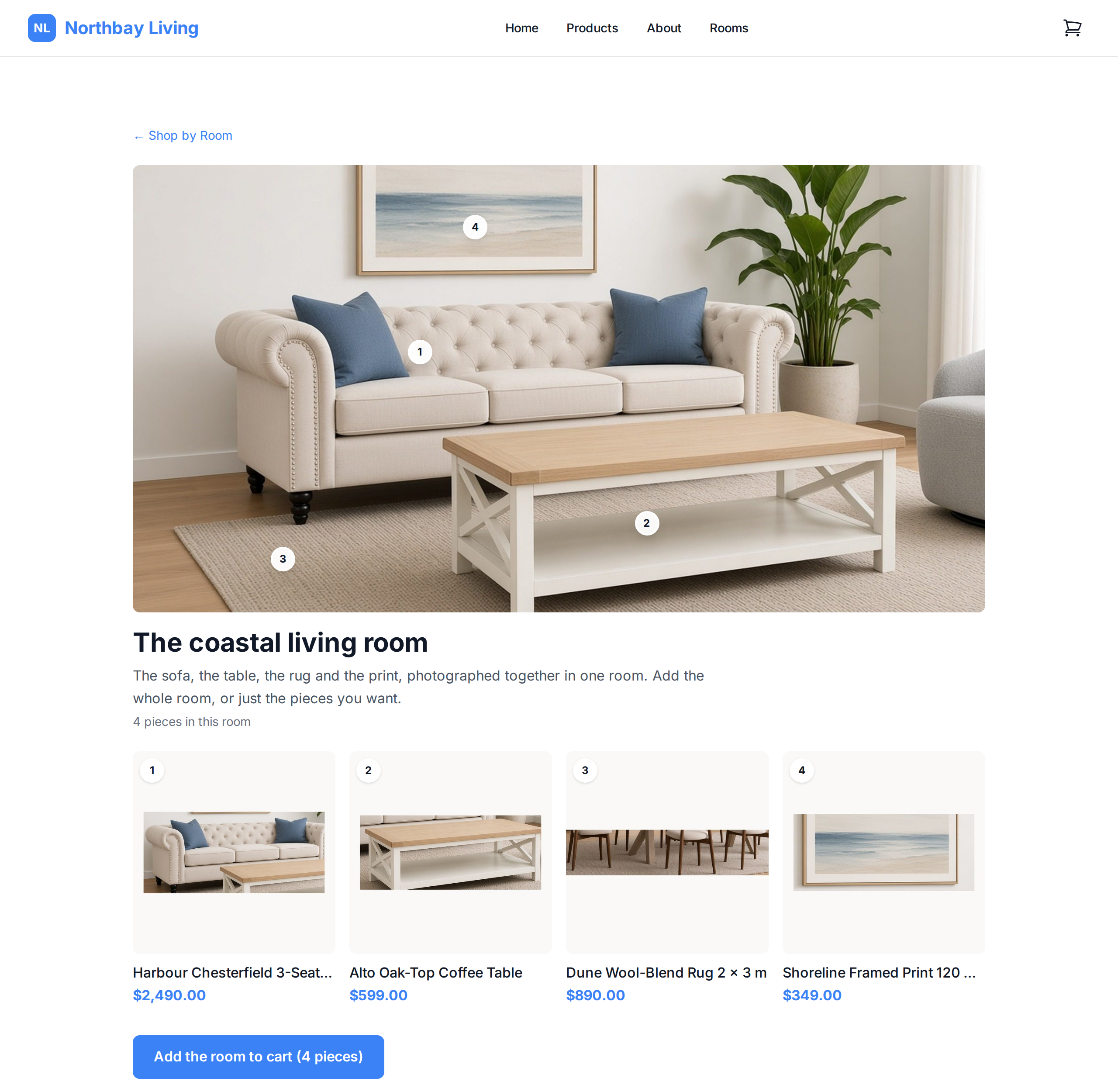 A shoppable room on a Btab storefront: a room photo with numbered pins, the list of pieces and an Add the room to cart button.