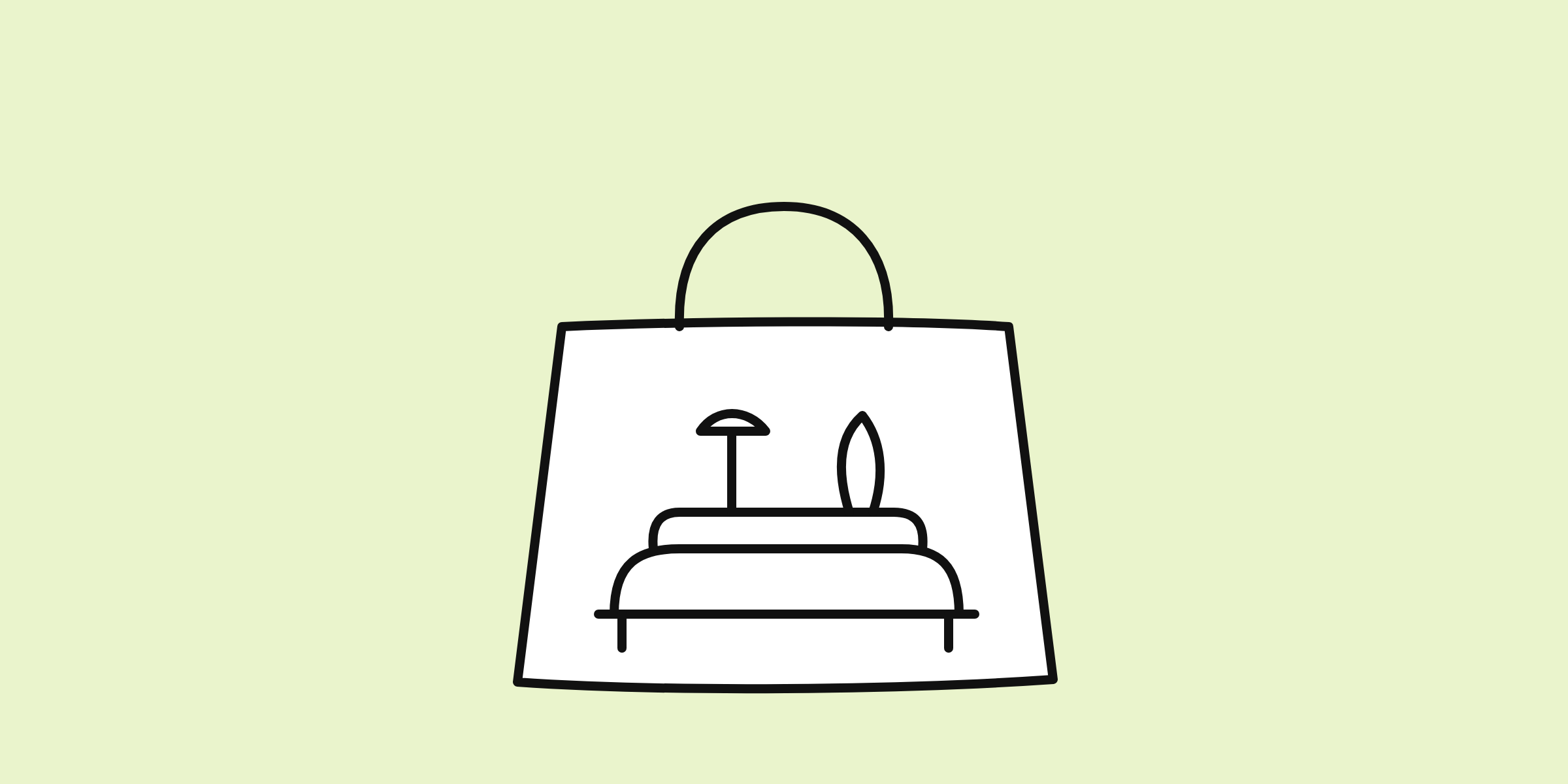 Hand-drawn line doodle of a shopping bag holding a sofa, a lamp and a plant on a pale lime background
