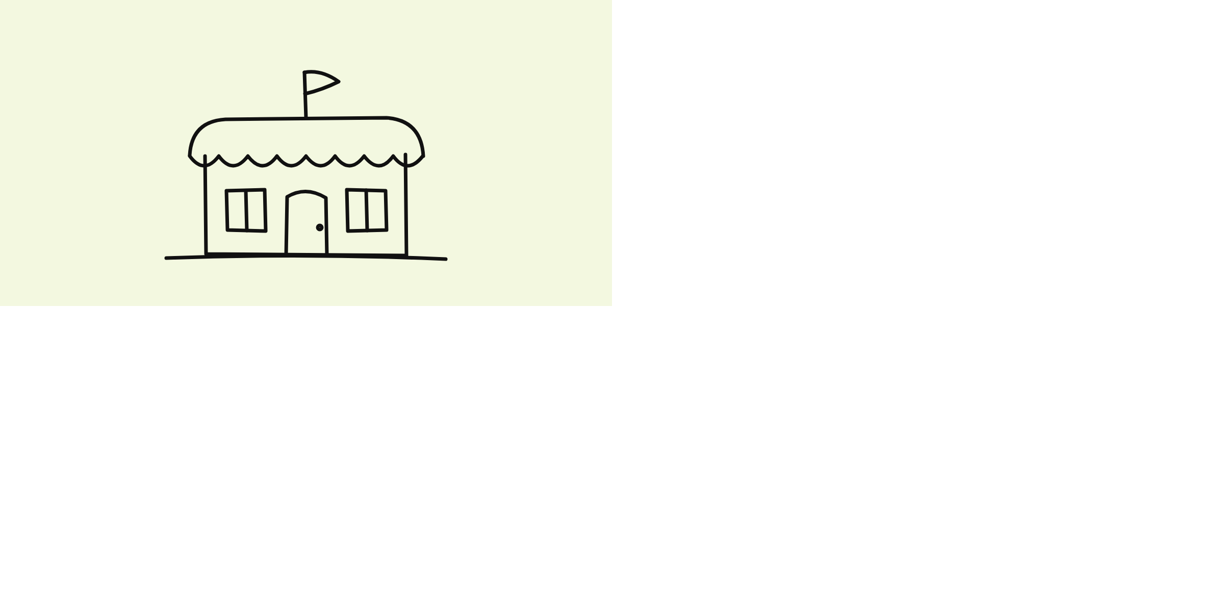 Hand-drawn line doodle of a small shop front with an awning and a flag on a pale lime background